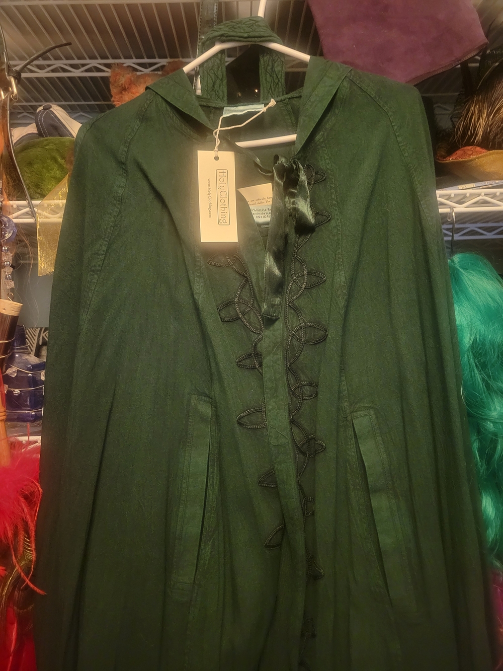 Green Hooded Cloak with Decorative Frog Closures